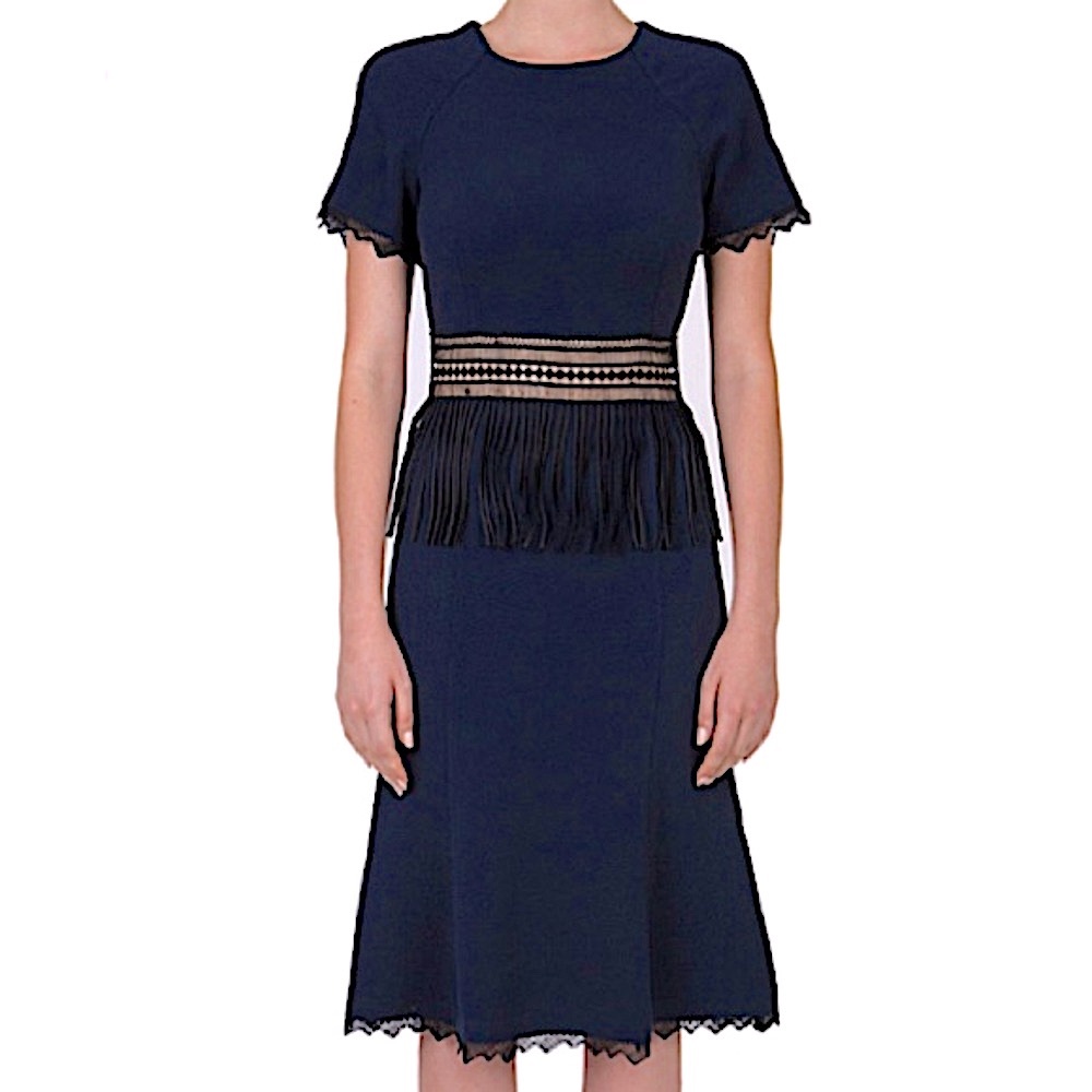Jonathan Simkhai crochet Fringe navy Short Sleeve fluted Dress NWOT size 10